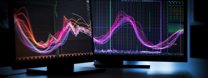 A dual-monitor desktop showing two charts.